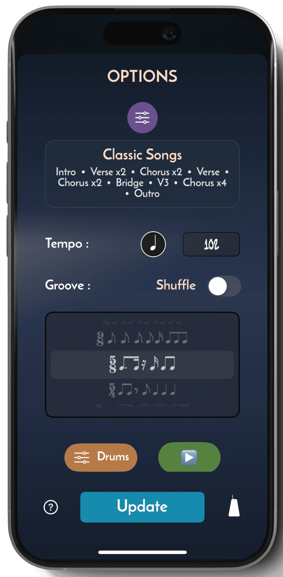 Jam Lab song structure screen with classic song templates, tempo and groove settings