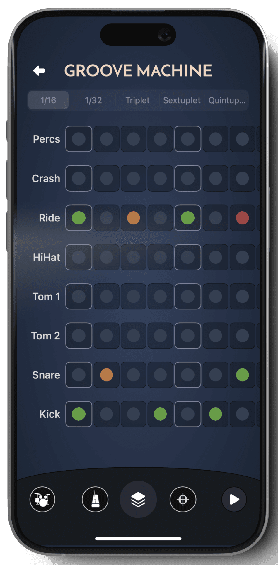 Jam Lab Groove Machine screen for building custom drum patterns and backing tracks