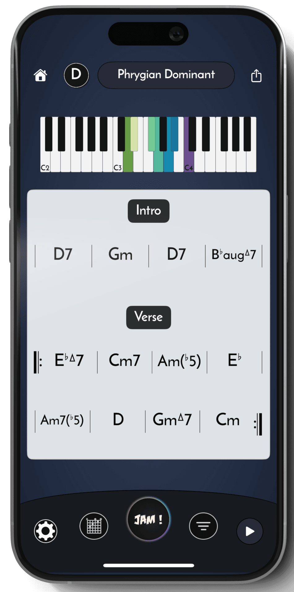 Jam Lab chord progression generator screen showing a generated progression in the Phrygian Dominant scale
